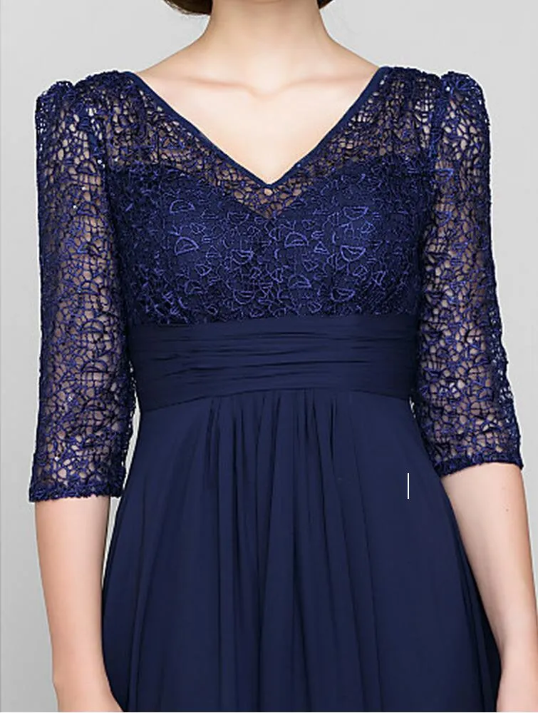 New Dark Navy V-neck A-line Floor-length Half Sleeve Lace and Chiffon Mother of the Bride Dress