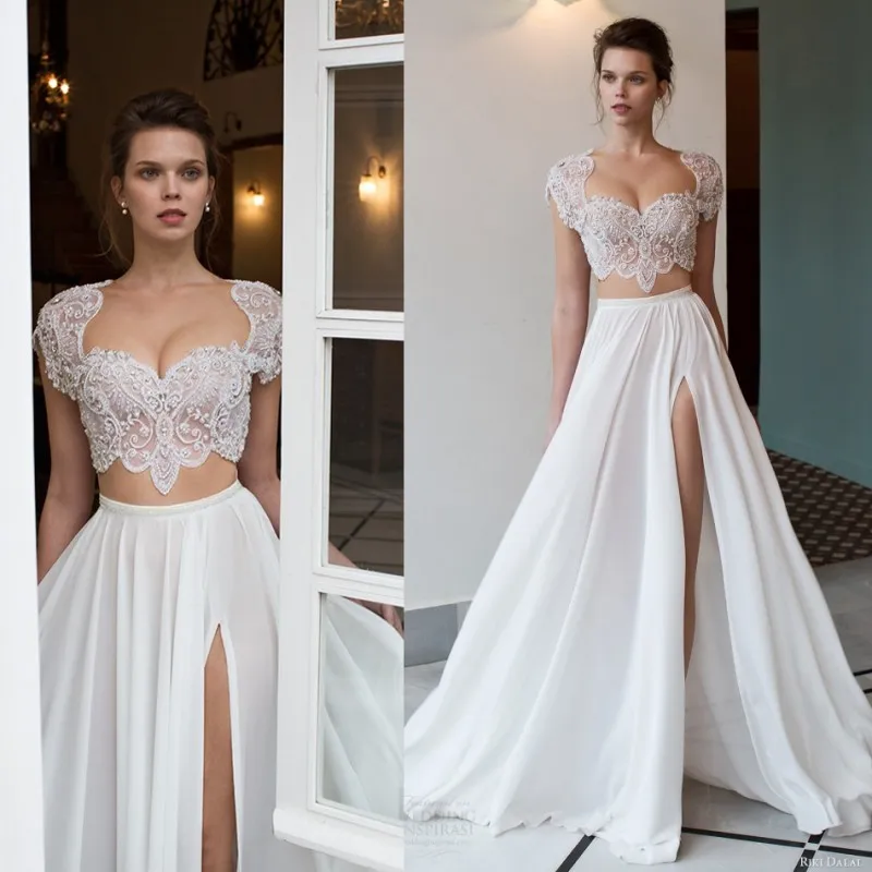 2018 Riki Dalal Two Pieces Beach Wedding Dresses Bead High Side Split Lace Applique Short Sleeves Bridal Gowns Vintage Chiffon Wedding Dress