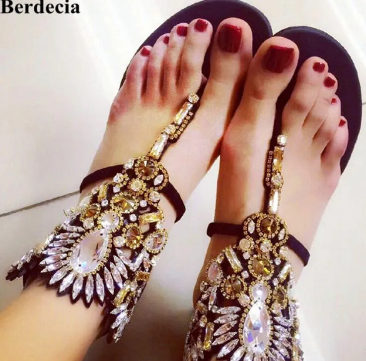 Zapatos de diseño Mujer Sandalia de lujo Femme Sandalias planas de cristal Sandalia de playa Sandalias de verano Sandalias de gladiador diamantes de imitación Mujeres