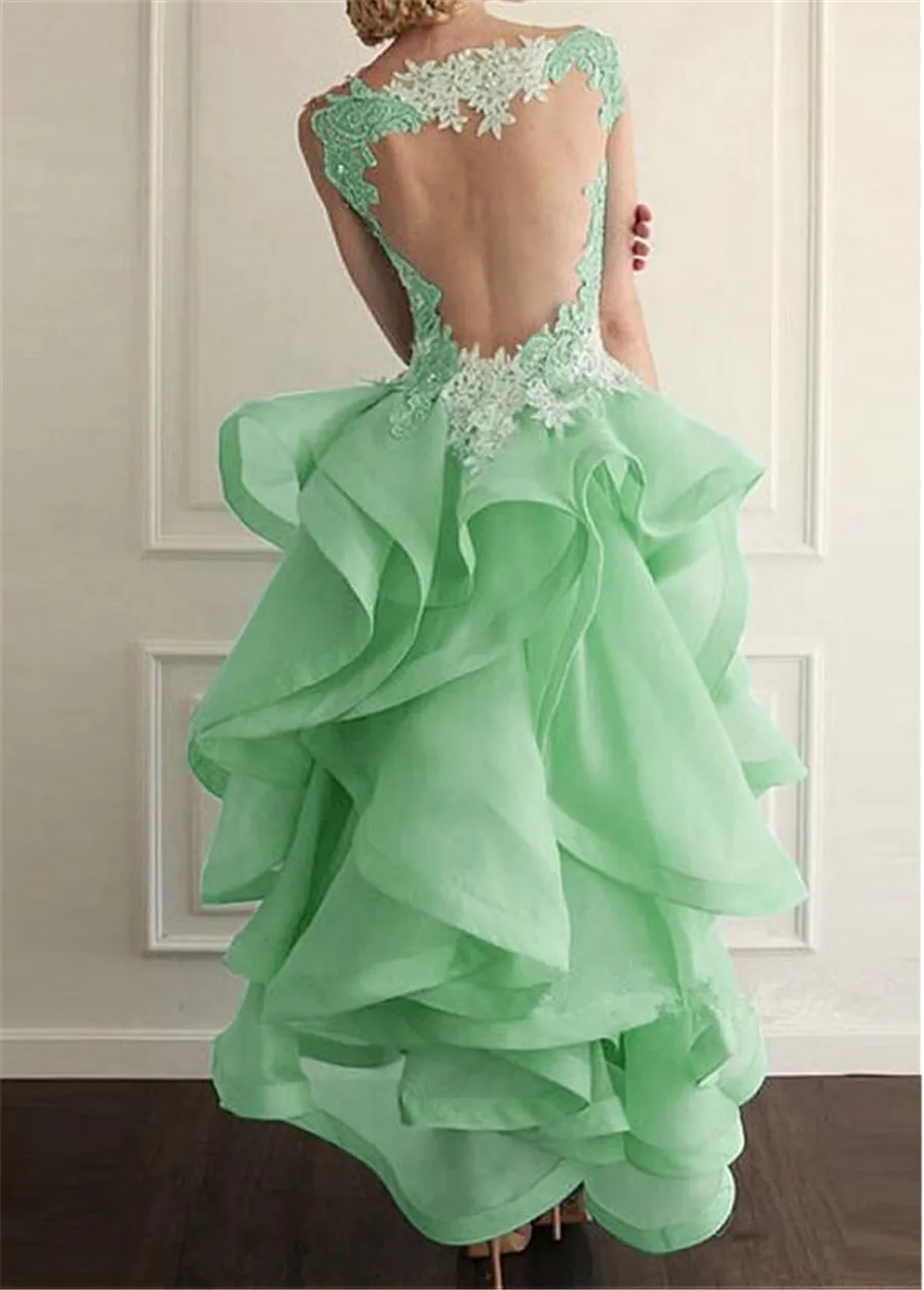 Tulle Organza Sheer Jewel Deckline Hi-Lo A-Line Prom Dresses z koronkowymi aplikacjami Ruffled Organza Evening Suknie Illusion Back