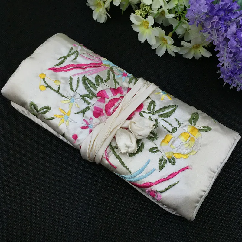 Embroidery flower Birds Silk Fabric Jewellery Roll Up Travel Storage Bag Portable Large Cosmetic Bag Women Drawstring Makeup Pouch 