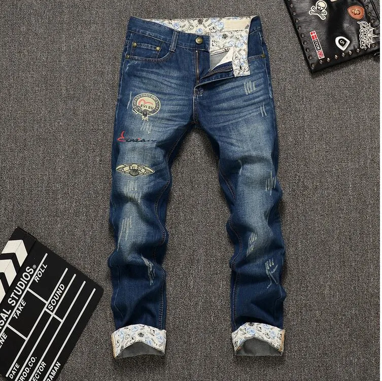 Chegada nova Moda Mens Jeans Marca Casual Azul Escuro Mid Denim Calças Tamanho Grande Em Linha Reta Comprimento Completo Skinny Jeans Men Cotton