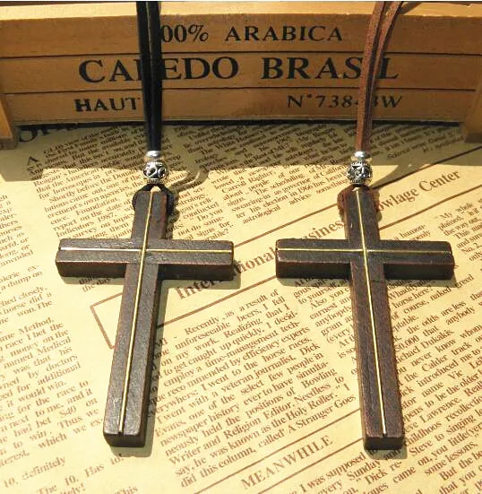 Solid wood cross pendant necklace vintage leather cord sweater chain Inlaid copper men women jewelry handmade stylish Jesus Vintage 