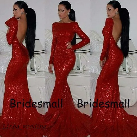 Gratis verzending Sparkly Prom Dresses Nieuwe Collectie Backless Mermaid Sheath Aangepaste Rode Sequin Jurk Hoge Hals Formele Jurken