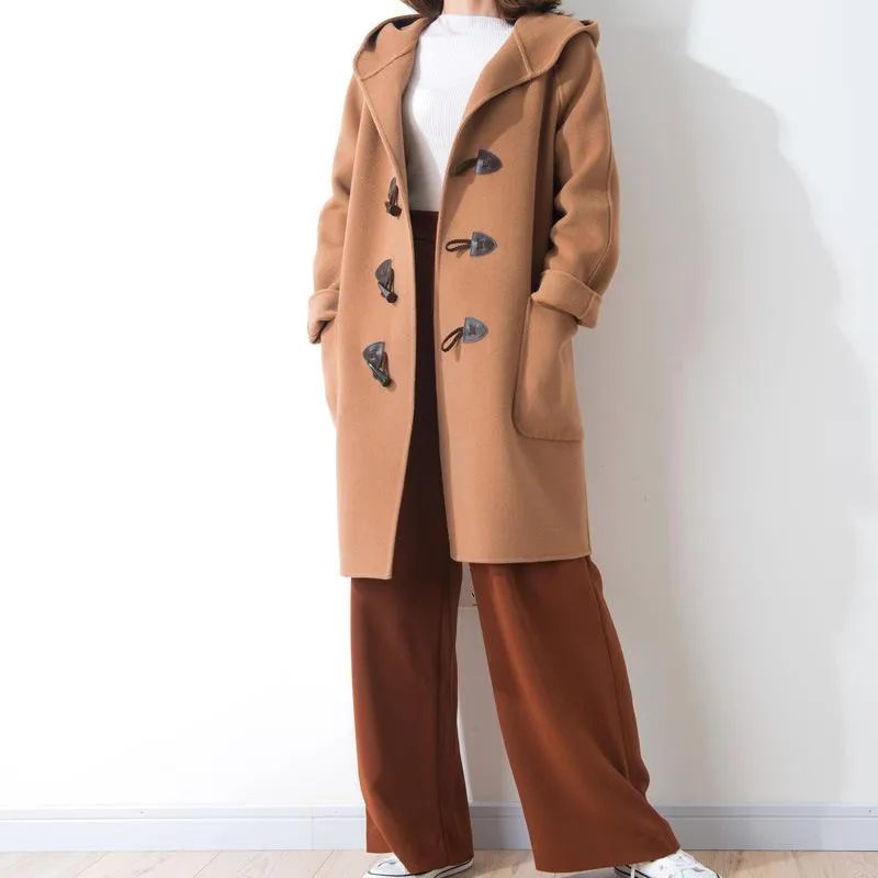 Duffel coat horn knapp lös preppy stil solid hooded cashmere ull coat casaco feminino kvinnor kappa vinter hl1790