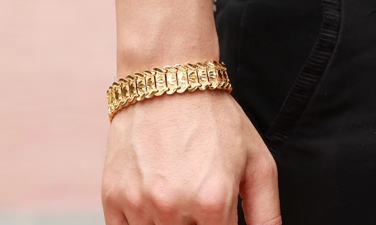 Mode smycken varm försäljning lyx 24k gul guldpläterad herrkedja armband bred manschett chunky länk kedja attraktivt tillbehör