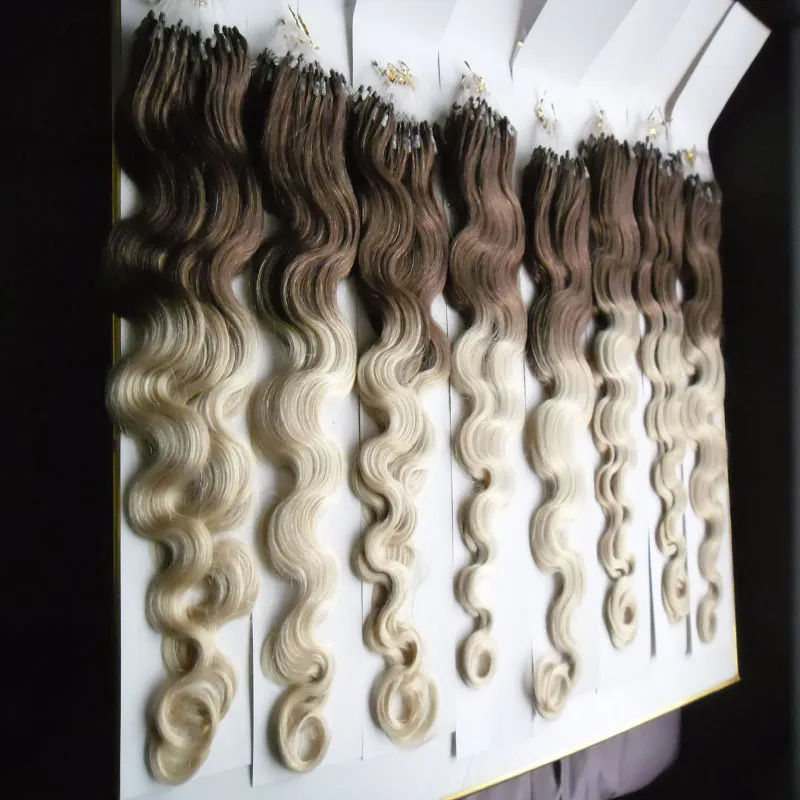Micro loop human hair extensions body wave T4/613 two tone ombre brazilian hair 800g micro loop hair extensions