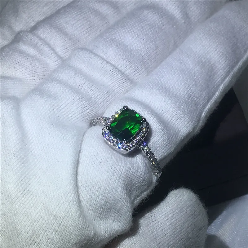 Christmas ring cushion cut Green 5A Zircon Crystal 925 Sterling silver Engagement wedding band rings for women Festival Gift