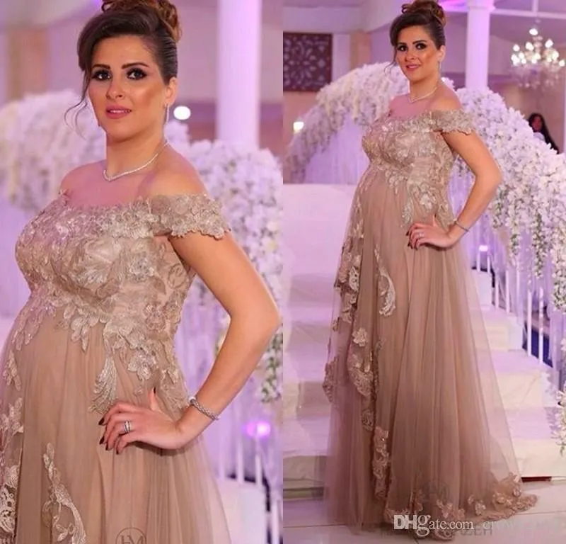 Champagne Maternity Evening Dresses 2023 Custom Made Elegant Lace Applique A line Tulle Off the Shoulder Prom Dress Floor Length Party Gown