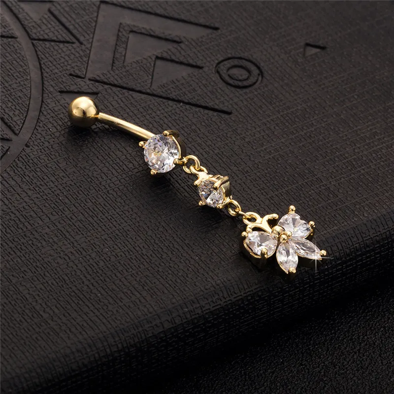 Gold Plated Crystal Paved Cubic Zirconia CZ Butterfly Piercing Belly Button Ring Sexy Body Jewelry for Women