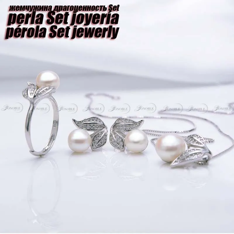 Wholesale-Natural pearl jewelry women Wedding jewelry sets silver,beautiful real pearl jewelry sets 925 for girlfriend birthday gift white