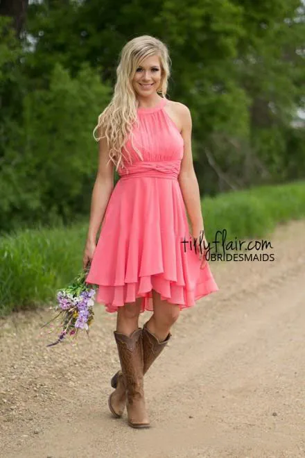 Country Western Coral Chiffon Short Bridesmaids Dresses Cheap 2019 Jewel Neck A Line High Low Chic Maid Of Honor Wedding Guest Dress