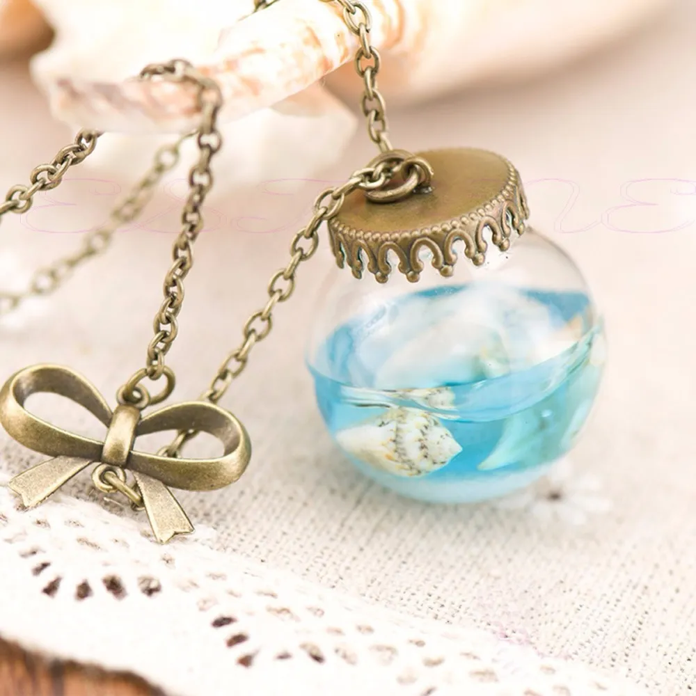 Wholesale-1pc Fashion Sea Ocean Glass Bottle Pendant Mermaid Tears Shells Star Vial Necklace