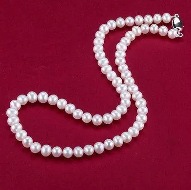 Очаровательная 7-8мм южных морей белый жемчуг ожерелье 18 дюймов 925 серебряная застежка