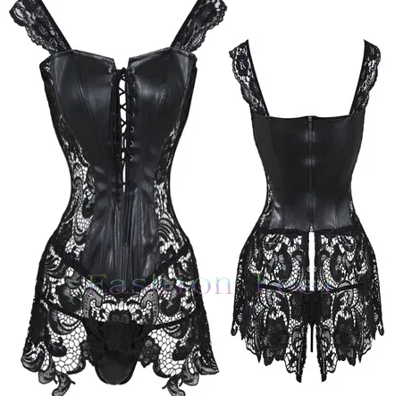 Nya Kvinnor Steampunk Faux Läder Midja Utbildning Lace Up Steel Boned Bustier Top Corset Overbust Brocade Plus Storlek S-6XL