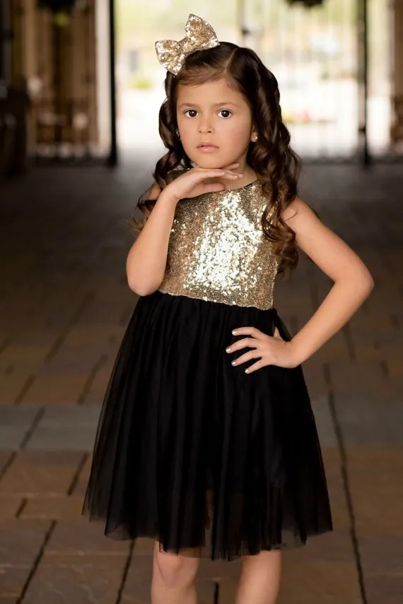 Abiti da bambina in tulle con paillettes in oro nero matrimoni Abiti da festa bambini Abiti da spettacolo ragazze scintillanti Lunghezza al ginocchio