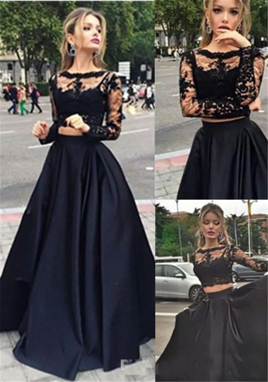 Vente chaude Noir Pas Cher Deux Pièces Robes De Bal Manches Longues Une Ligne Sexy Robe De Soirée En Dentelle Vestido formatura longo