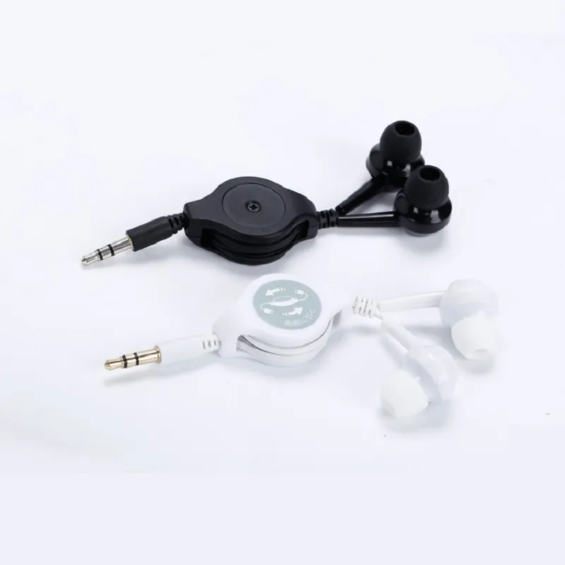Écouteurs 3,5 mm rétractables simplement dans l'oreille des casques avec câble organisé boîte noir blanc gros prix pas cher 75cm longueur