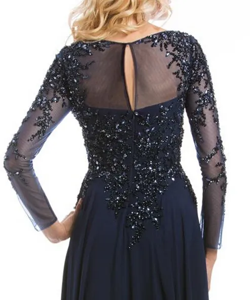 2019 Top Selling Elegant Navy Blue Mother of The Bride Dresses Chiffon See-Through Long Sleeve Sheer Neck Appliques Sequins Evenin245w