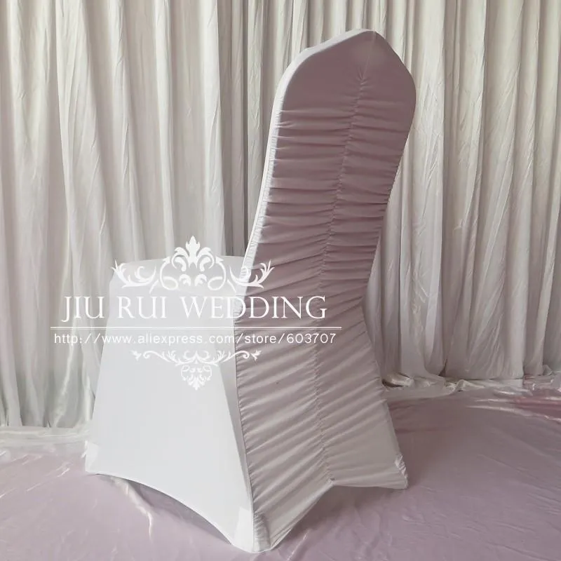 Vit Pläterad / Ruffled Tillbaka Spandex Lycra Bankett Chair Cover Mycket för bröllopsfest hotelldekoration