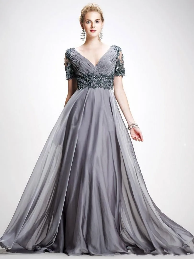 Elie Saab Abiti la madre della sposa Scollo a V Appliques Lunghezza pavimento in chiffon Plus Size Abito da ospite grigio senza schienale