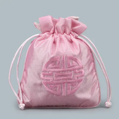 Petits sacs à cordon joyeux brodés en tissu satiné, sacs cadeaux pour bijoux de style chinois, pochette d'emballage, sachet de lavande, sac de rangement de parfum