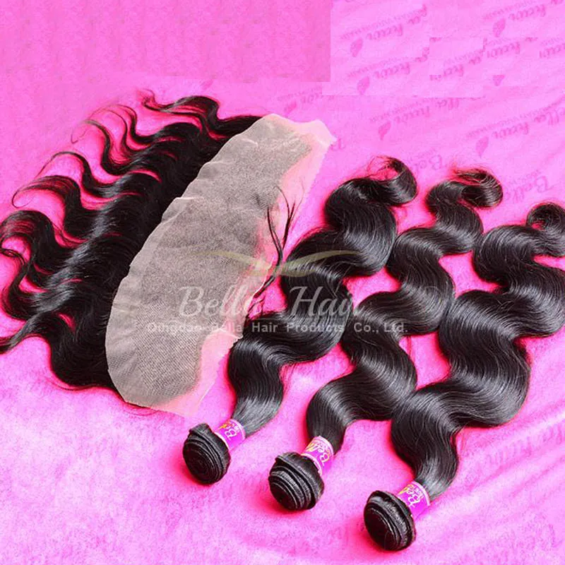 Peruvian Lace Frontal Human Hair Bundles Body Wave Unprocessed Hair 4pcs Lot Natural Color 10-34 Inch