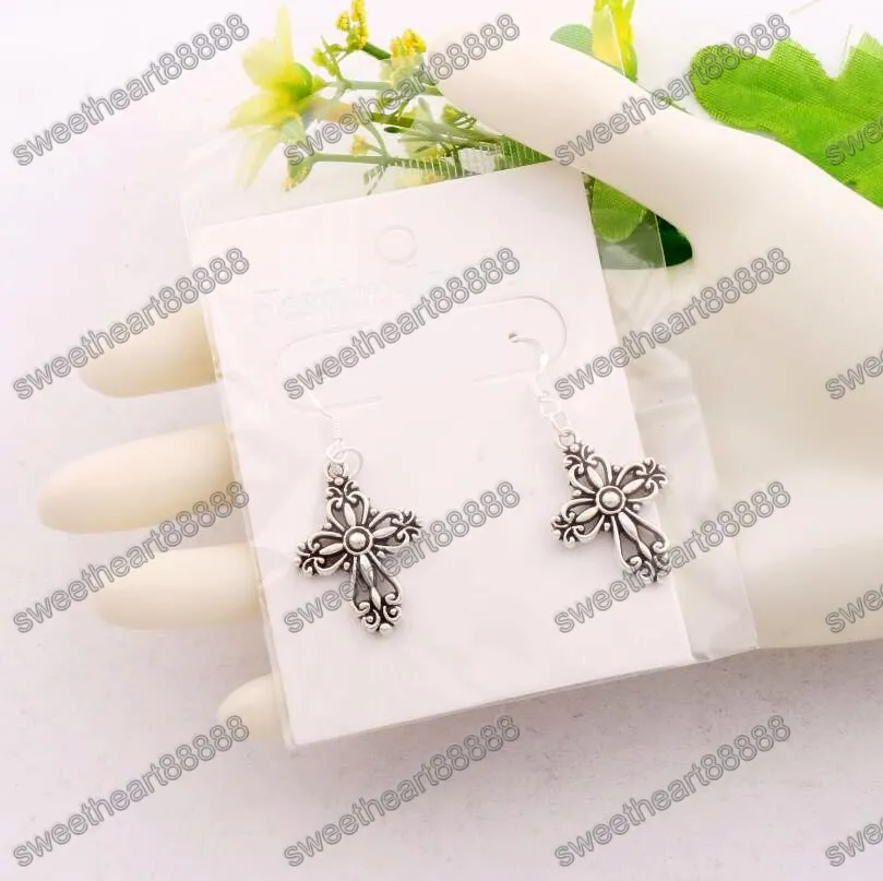 Filigree Heart Cross Dangle Kroonluchter oorbellen 925 zilveren vis oor haak / partij E425 20.5x45.3mm