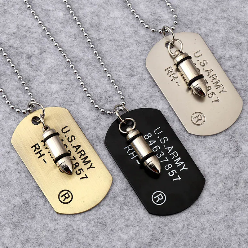 Hipster Hip Hop gioielli proiettile U.S.Army Card pendente collana in rilievo catena per uomo donna cane Tag 3 colori