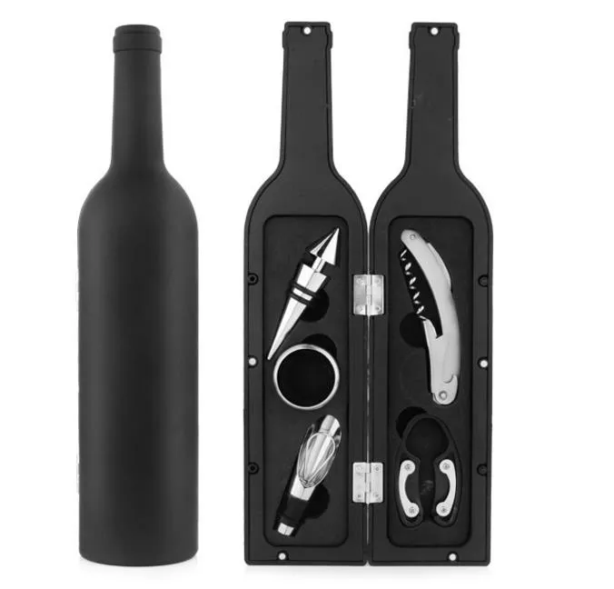 Juego de regalo en forma de botella de vino 5 en 1 abridor de botellas/tapón/anillo de goteo/cortador de papel de aluminio/vertedor, sacacorchos, juego de herramientas de vino accesorios de barra