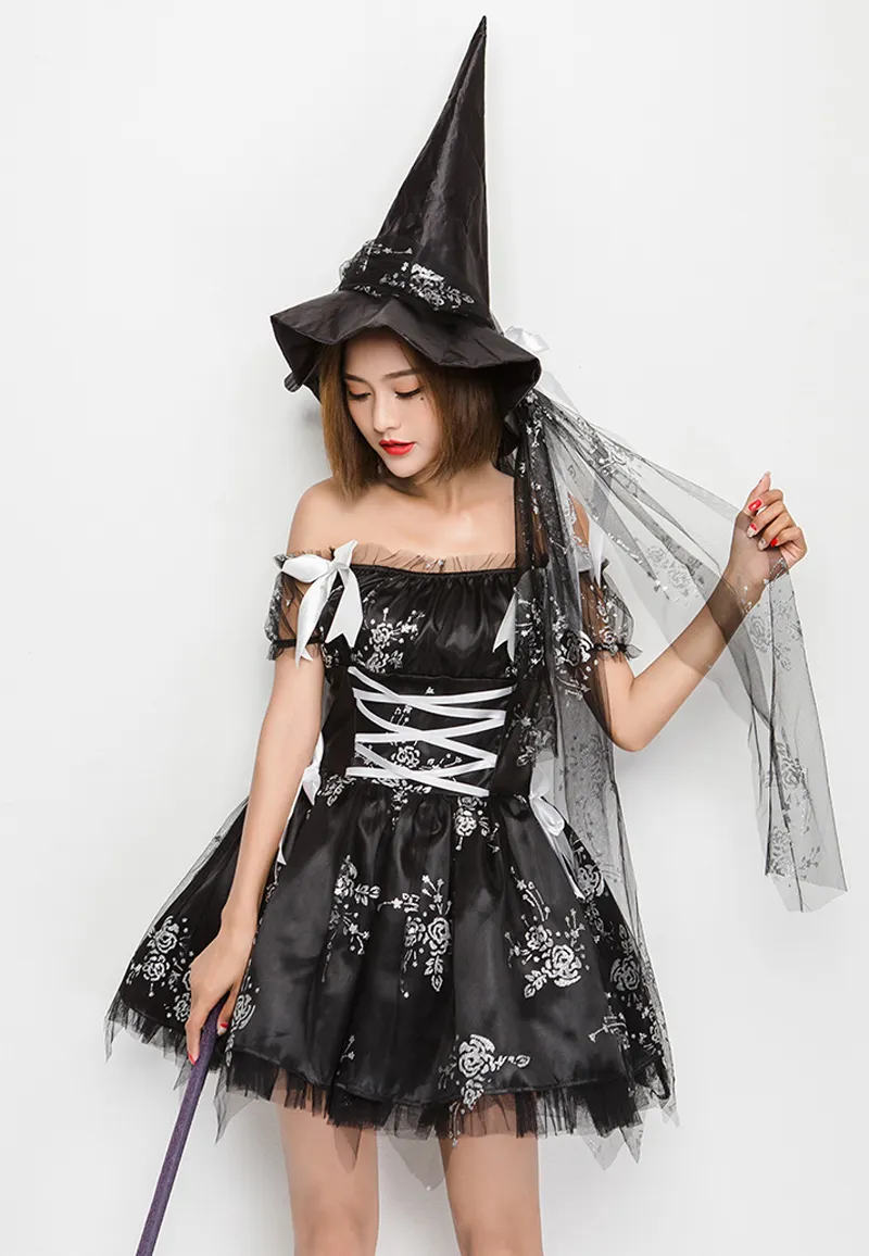 Nero bellissimo mini abito da elfo donna costume da festa di Halloween con spalle scoperte vestito tutu sexy vestito cosplay da strega impertinente