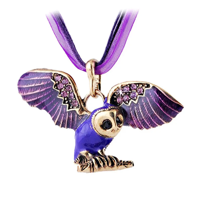 Vintage Enamel Owl Charm Pendant Necklace for Women Fashion Necklaces Lace Wax Rope Chain Vintage Bronze Jewelry Wholesale 