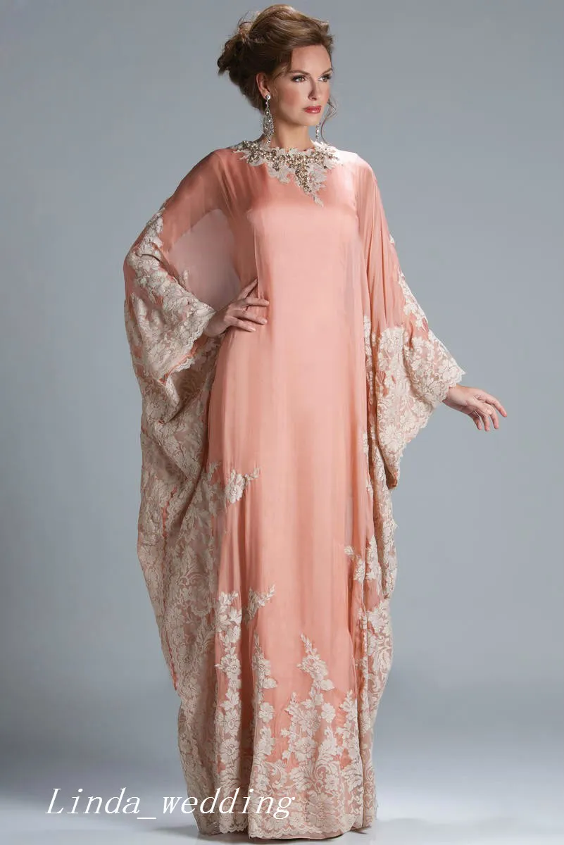 2019 Ny Coral Abaya Muslim Marockansk Dubai Kaftan Evening Dress High Neck Party Gown Women Dress