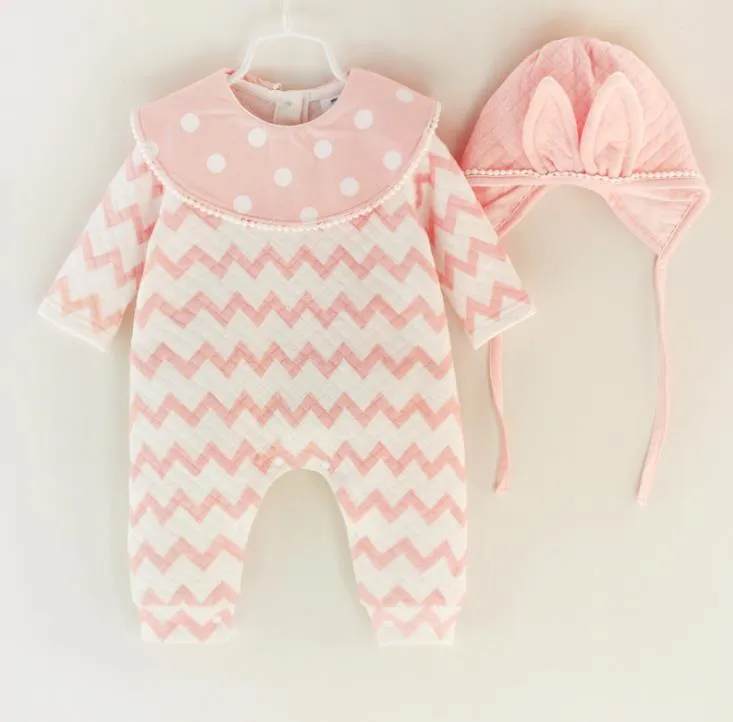 New Infant Baby Cotton Rompers With Cap Clothes Set Sweet Onesies Dots Stripe Jumpers Bunny Ear Hat Girl Babies Rompers 13470