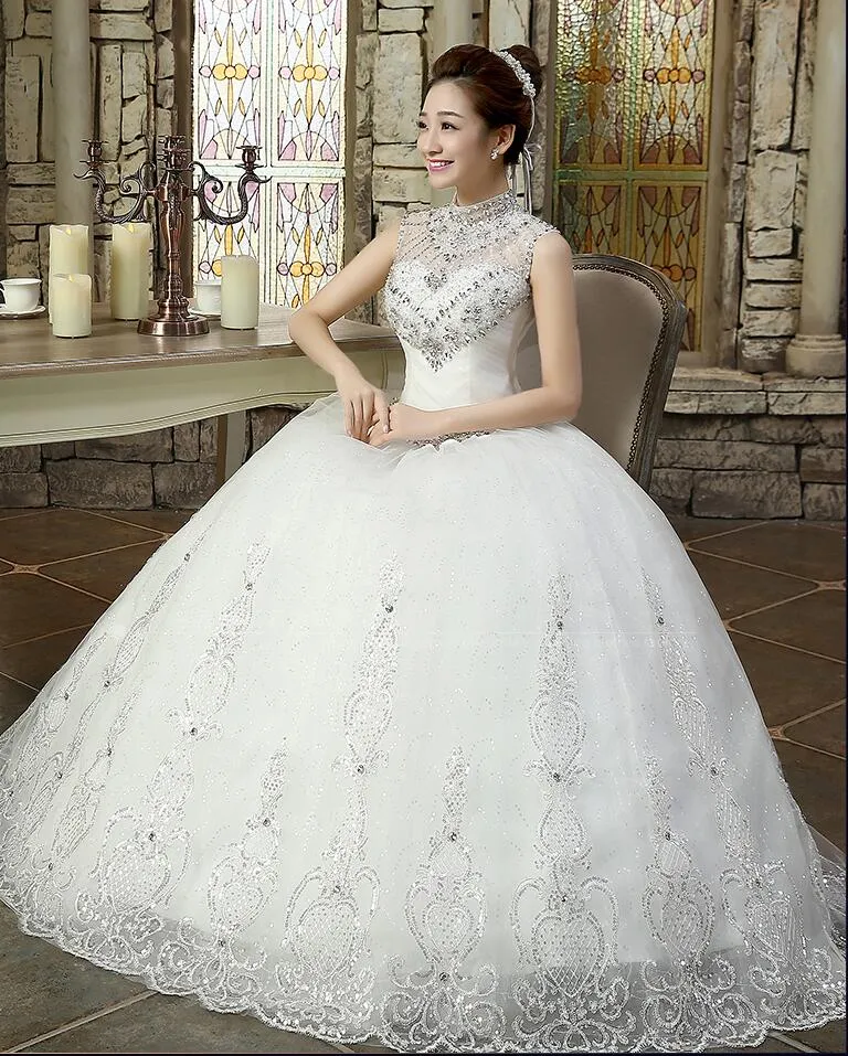 Crystal Sheer Beaded High Neck Wedding Dress Ballgown Style Sleeveless ...