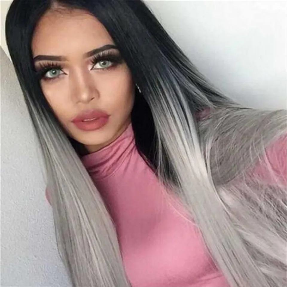 Natural Straight Dark Root Ombre Silver Grey Wigs Heat Resistant Lace