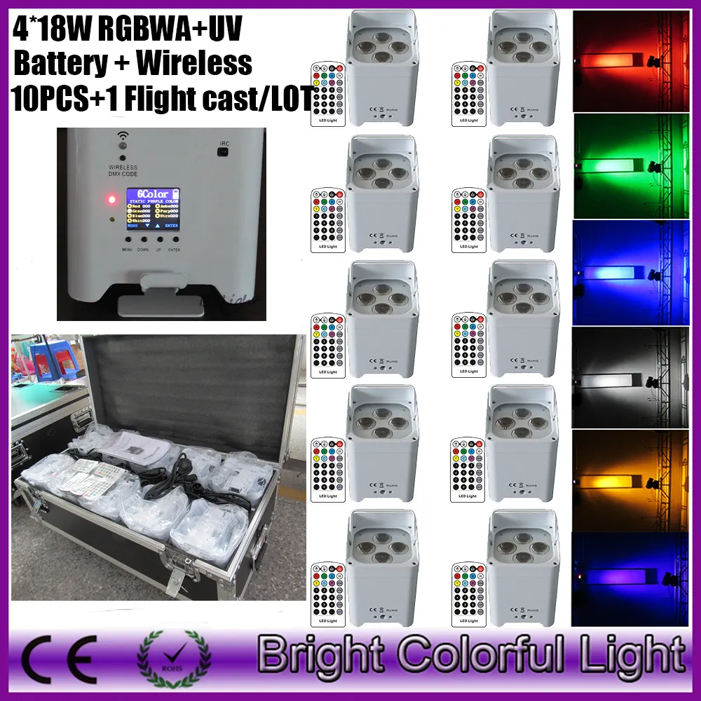 10 шт.+1 fly case/лот led батарейках DJ light bar rgbawuv 4x18 Вт беспроводной dmx пульт дистанционного управления мини тонкий par uplight