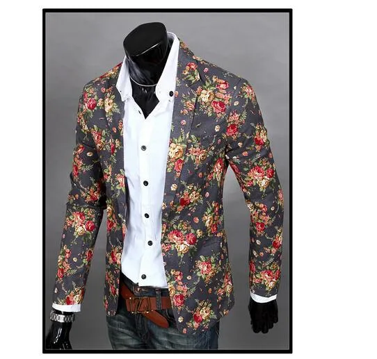 Personifiera blommiga blazers för män lapel nacke smal singel knapp män glänsande kostym blazer bomull casual party män passar j160438