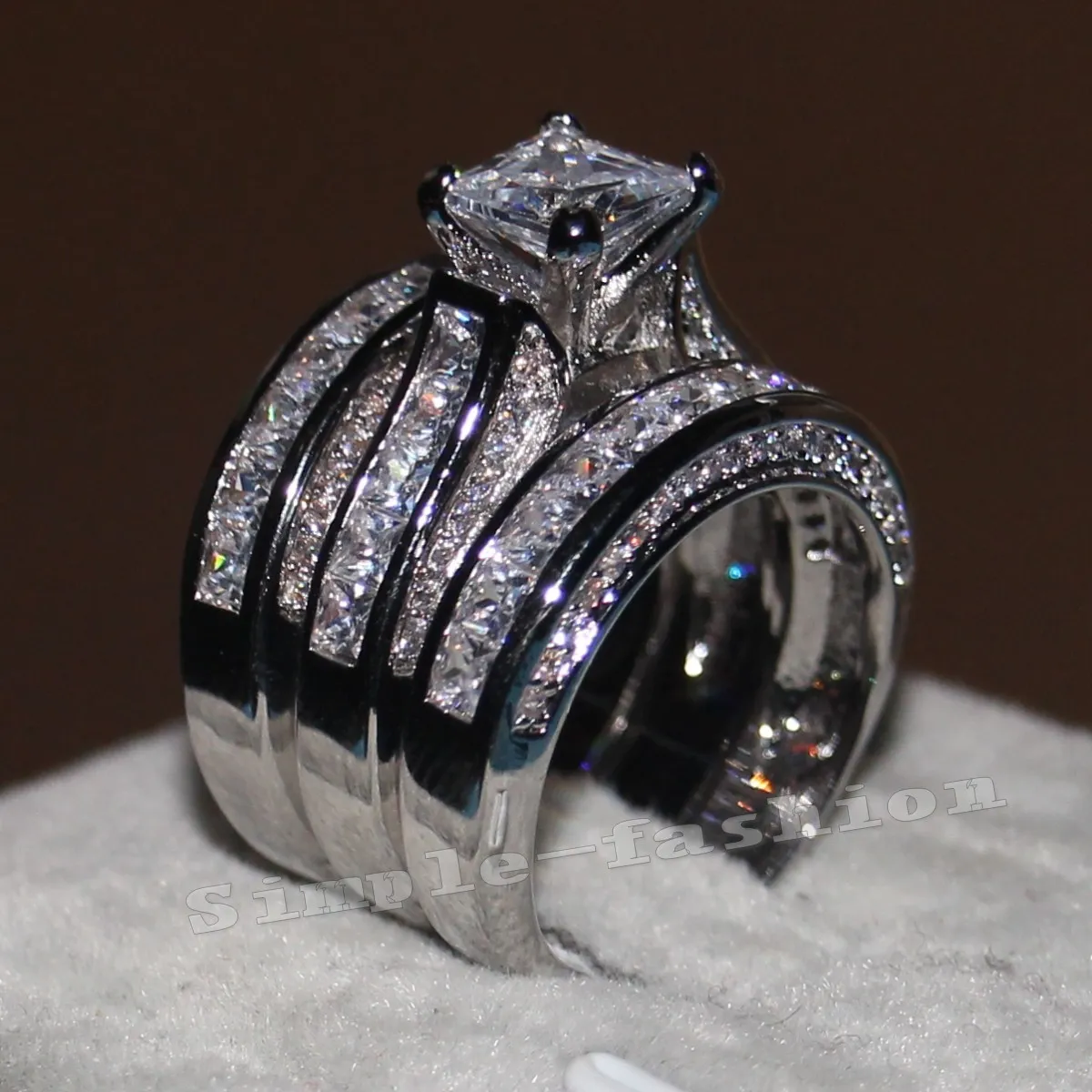Vecalon Fine Bijoux Princesse Coupe 20ct CZ Diamond Engagement Bague de mariage Ensemble pour femmes 14kt Bague de doigt fourré en or blanc