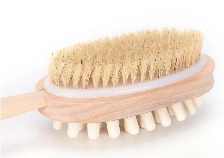 2-in-1-zijdige natuurlijke borstelborstel Dubbelzijdig Body Scrubber Massage Brush Lange Handgreep Spa Doucheborstel