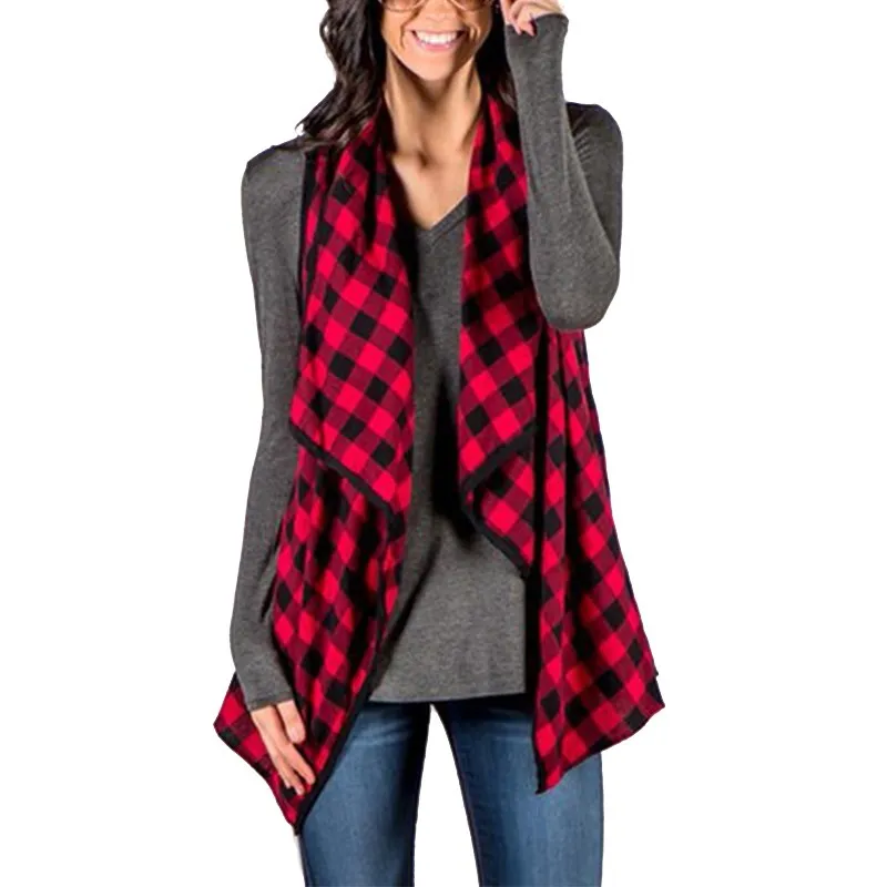 All'ingrosso- 2017 Fashion New Women Plaid Checks Jacket Cappotto senza maniche con risvolto stile autunno femminile Cappotto cardigan con top casual