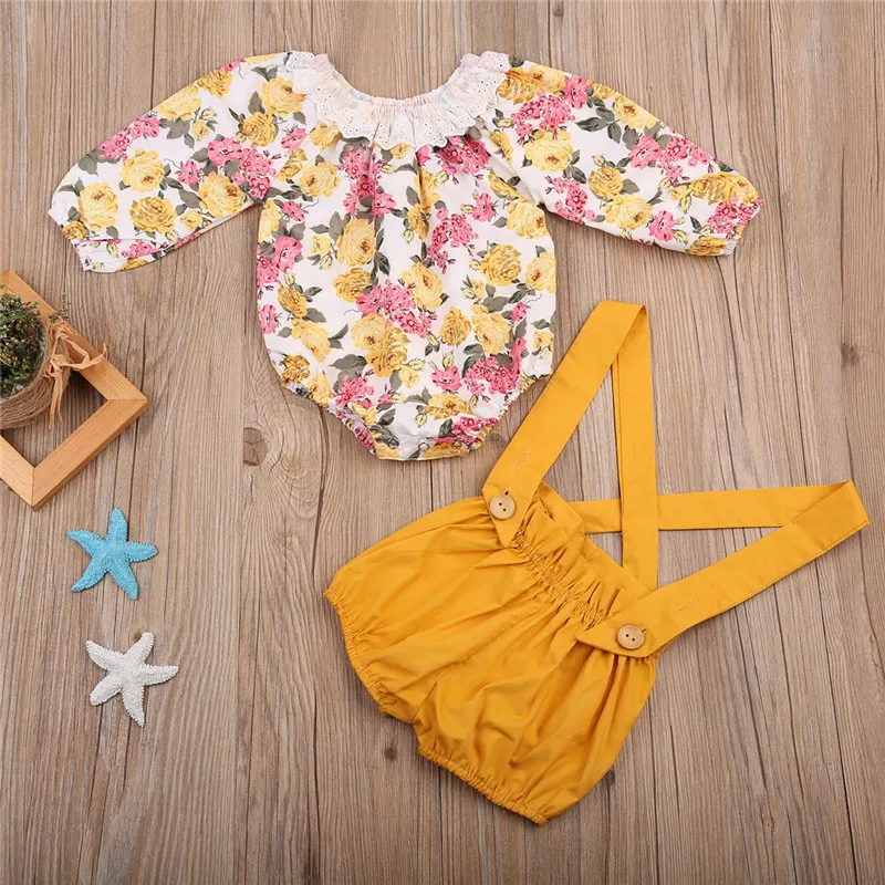 Novo Estilo Bebê Recém-nascido Meninas Roupas de Manga Longa Floral Romper + Calças Gerais Bebê Meninas Roupas Crianças Conjuntos de Roupas de Outono