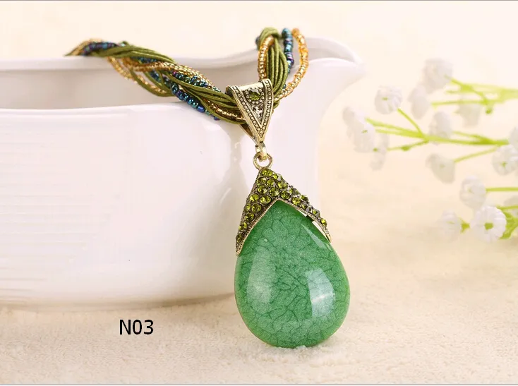 Chinese National Style Jewelry Teardrop Pendant Necklaces With CZech Diamond Rhinestone Bead and Rope Chain 