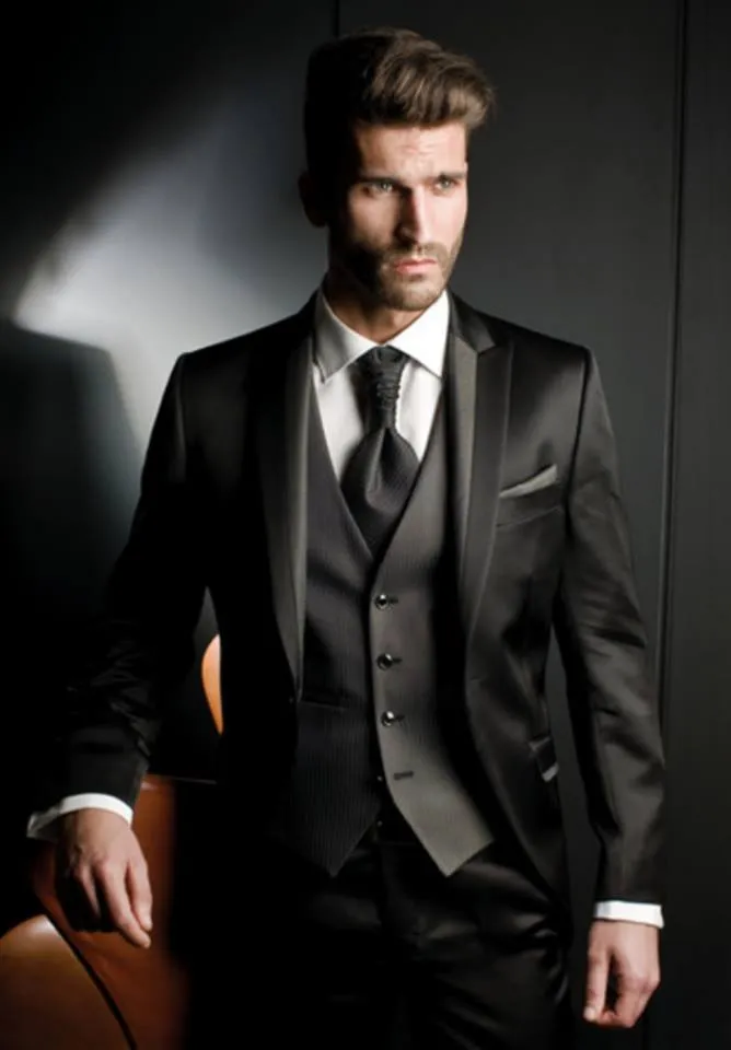 Personalizar Brilhante Do Noivo Smoking Preto Groomsmen Melhor Homem Blazer Prom Vestido Terno de Negócio Ternos Jaqueta + Calça + Colete + Gravata NO: 2