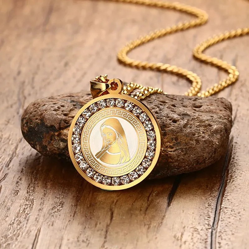 Gold Plated Virgin Mary Pendants With Crystal Around Stainless