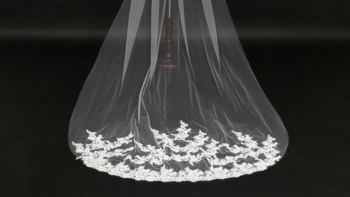 Véus de noiva longos véus de casamento renda apliques flor catedral comprimento barato véu de noiva bv025506047