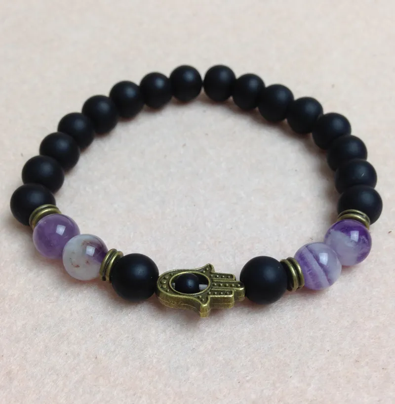 SN0440 8mm Black Matte Onyx Bracelet For Men Antique Bronze Hamsa Charms bracelets Amethyst crystal bracelet245Y