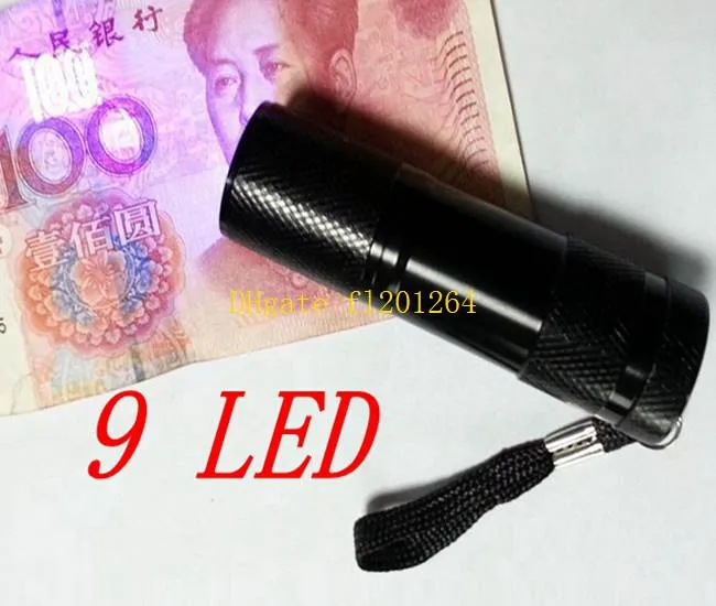 Gratis frakt Mini Portable 9 LED UV Ultra Violett ficklampa Torch Ljuslampa Svart Färg, / 