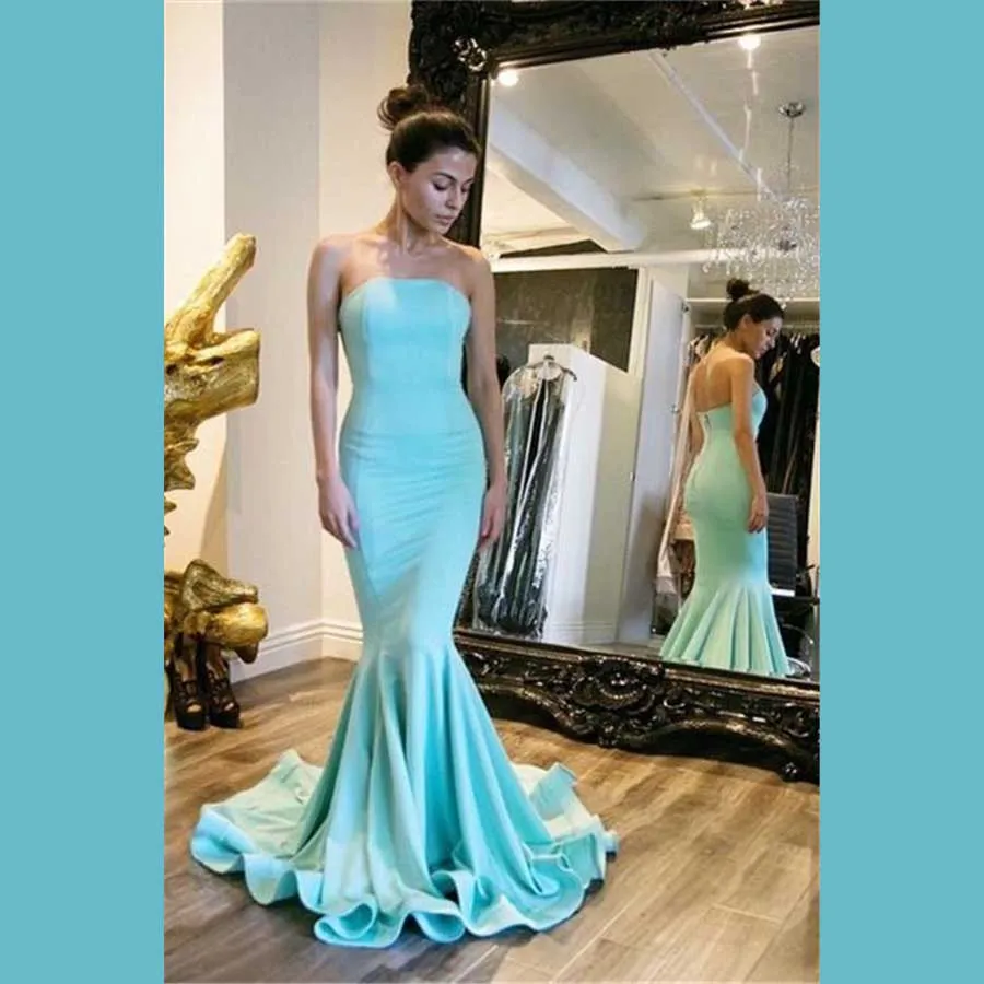 Enkla kvällsklänningar Strapless Mermaid Style Ruffles Prom Lacks Back Zipper Sweep Train Custom Made Billiga Formal Occasion Party Dress