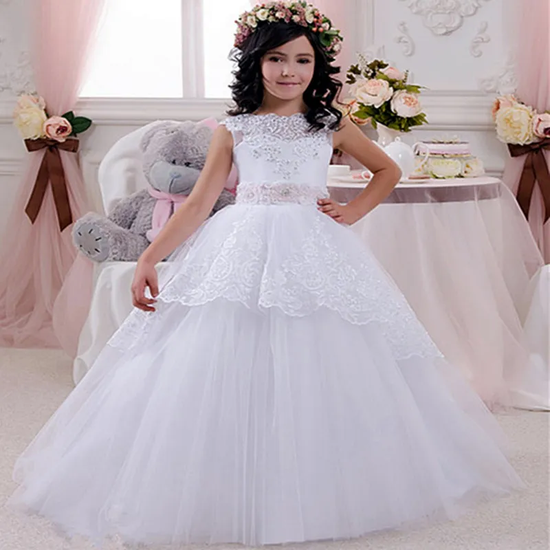 Cheap Lace Flower Girls Dresses For Weddings Open Back White Ivory Bow Kids Floor Length Bridal Gown 2016 Little Girls Pageant Dress